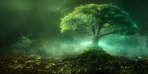 Obraz premium The Symbolism of the Green Glowing Tree Ancestral Roots and Family History Interconnectedness. Concept Family History, Ancestral Roots, Symbolism, Green Glowing Tree, Interconnectedness