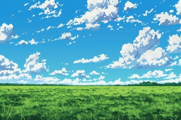 Obraz premium Beautiful green field under a blue sky with white fluffy clouds. Perfect for your spring, summer, or nature design.