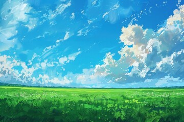 Fototapeta premium Beautiful sky with white clouds over lush green meadow, a serene landscape painting. Digital illustration of a summer day.