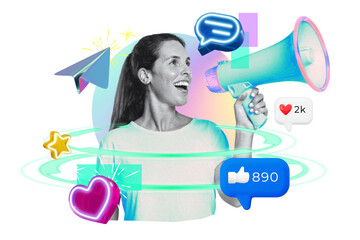 Woman png holding megaphone, digital marketing remix, transparent background