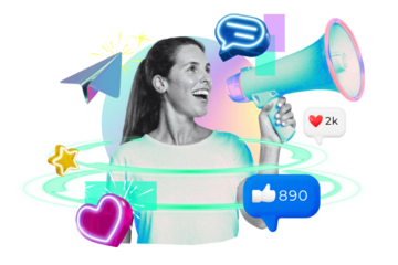 Woman png holding megaphone, digital marketing remix, transparent background