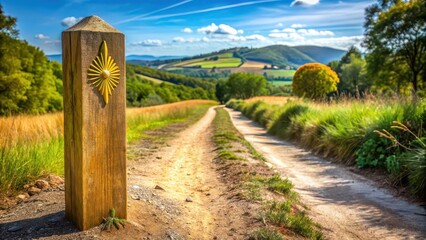 Wooden milestone marking the path of the Camino de Santiago pilgrimage, Camino de Santiago, Spain, milestone, wooden