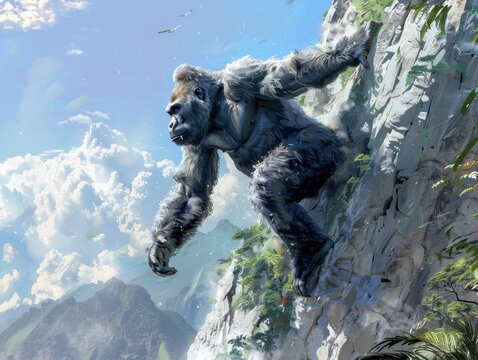 Giant gorilla climbing a rocky mountain with a cloudy sky background, showcasing nature's raw power and majestic wildlife.