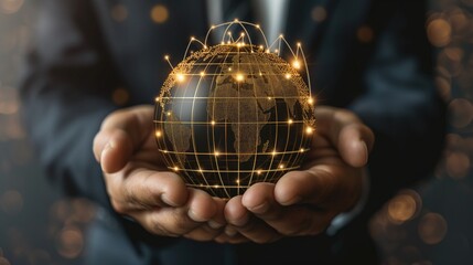 Fototapeta premium Hands displaying a digital globe with glowing network connections against a blurred background. Global business networking and digital communication advancements.