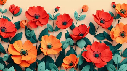 closeup flat design of A minimalist floral design with clean lines and  colors Use bright red, orange, and green with a modern touch