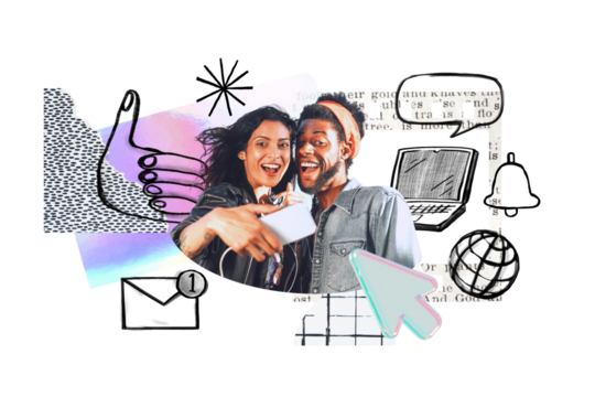 Couple taking selfie png element, social media doodle remix, transparent background - Powered by Adobe