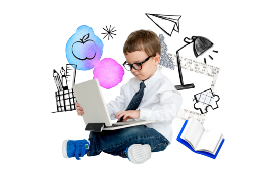 Boy using laptop png, education doodle remix, transparent background