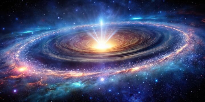 Vivid photo of a quasar at the center of a distant galaxy, showcasing an astronomical marvel, quasar, distant, galaxy