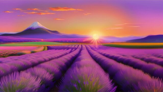 A vibrant sunset over a lavender field, depicted in impressionist style painting.