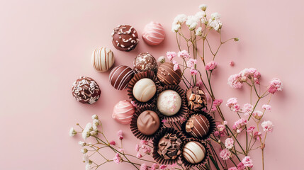 Bouquet of chocolate candy on pastel background