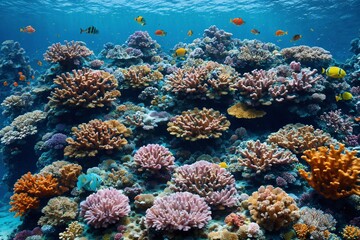 Naklejka premium Scuba diver underwater coral reef colorful fish