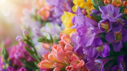 Fototapeta premium freesia flowers frame, spring flowers concept
