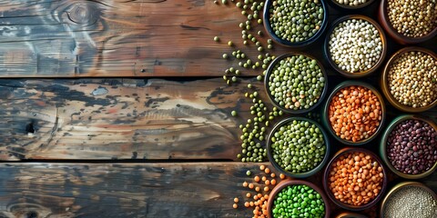 Celebrating World Pulses Day with a Top View of Assorted Legume Bowls on Wooden Table. Concept Food Photography, World Pulses Day, Legume Bowls, Assorted Ingredients, Wooden Table