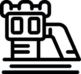 Black and white icon of a children's playground slide attached to a tower with windows