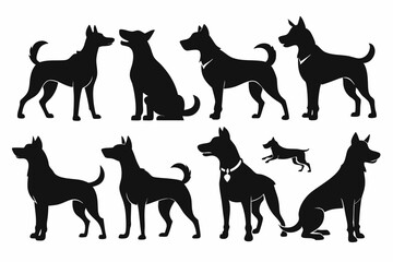 isolated black silhouette of a dog collection, Set of dog silhouette vector. Dogs and puppies in different breed, corgi, golden retriever, poses, sitting, standing, jump