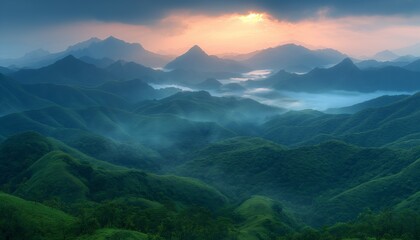 Fototapeta premium A mesmerizing view of lush green hills and undulating mountain ranges kissed by the glow of a setting sun, with mist filling the valleys and adding a mystical touch to the scene.