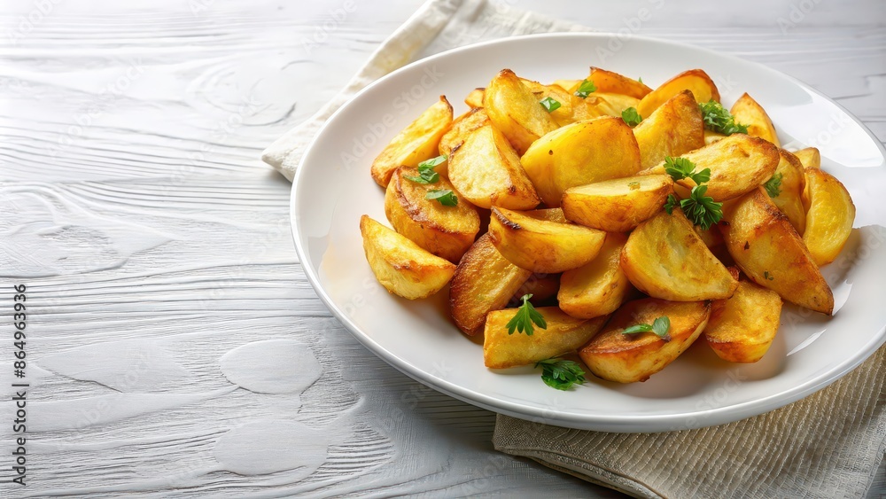 Sticker Golden fried potatoes on a white plate , crispy, delicious, savory, junk food, appetizer, snacks, unhealthy