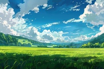 Fototapeta premium Stunning digital art painting of a picturesque green field with a bright blue sky and fluffy white clouds. Perfect for nature, landscape, and tranquility themes.