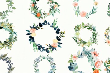 Fototapeta premium A seamless pattern featuring watercolor floral wreaths in various styles, perfect for wedding invitations and celebratory events. Generative AI
