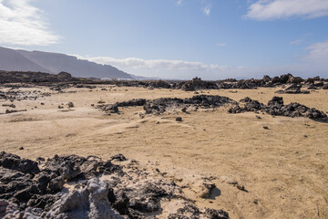 Desert landscape, mountains, rocks and desert. Lanzarote, Canary Islands, Spain.