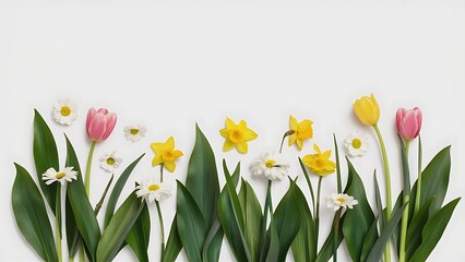 Obraz premium Creative layout made of colorful spring flowers and green leaves minimal
