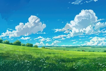 Fototapeta premium Beautiful sunny day with blue sky and white clouds over a green meadow. Lush green grass field with white flowers. Natural landscape of a rural countryside.