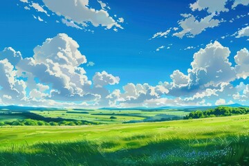 Obraz premium Beautiful blue sky with white clouds over a vast green meadow landscape. Tranquil nature background image.