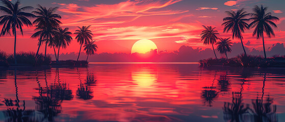 Obraz premium 80s retro sunset, palm trees on both sides