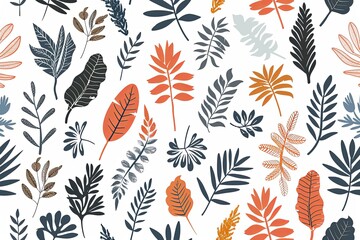 tropical leaves hand drawn doodle style on white background