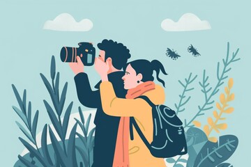couple with guy photographer in autumn park in action in nature taking pictures of birds, bird watching hobby. World Photography Day flat illustration.