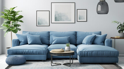 Fototapeta premium An elegant living room with contemporary furnishings, large windows with a beautiful view, and sophisticated decor, creating a luxurious and inviting space for living and entertaining.