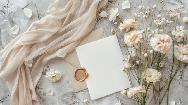 Wedding invitation card and envelope with wax seal, silk ribbon, and flowers on a stone background, wedding stationery set, flat lay, top view - Powered by Adobe