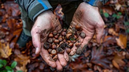 A close up of hands holding a handful of nuts and seeds collected from the forest floor.