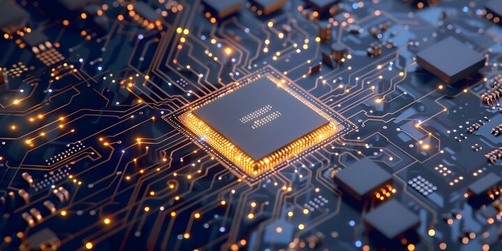 Exploring Advanced Technology CPU Microchip on Electronic Circuit Board. Concept Technology, CPU Microchip, Electronic Circuit Board, Advanced Engineering, Innovation