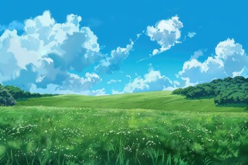 Obraz premium Beautiful green meadow landscape with white puffy clouds in a blue sky. Idyllic scenery for background or wallpaper.