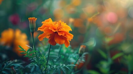 Close-up of bright orange marigold flowers is the main focus of the image. The flowers are surrounded by blurry green leaves in the background.