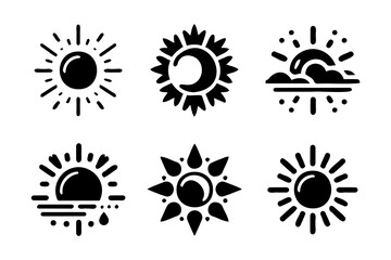 A unique collection of hand-drawn suns on a white background