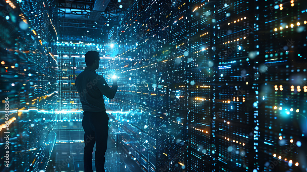 Poster businessman with virtual cyber security technology and online data protection for security of data s