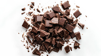 Fototapeta premium Chopped dark chocolate isolated on white, top view