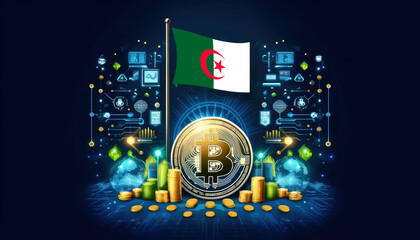 Fototapeta premium Bitcoin, the Algeria flag, and global elements highlight the international impact and growing significance of cryptocurrency