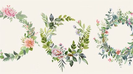 A set of three watercolor floral wreaths featuring various flowers and leaves, perfect for wedding invitations and festival decorations. Generative AI