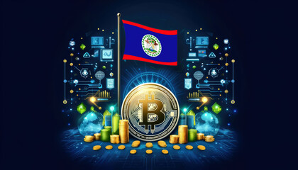 Bitcoin, the Belize flag, and global elements highlight the international impact and growing significance of cryptocurrency