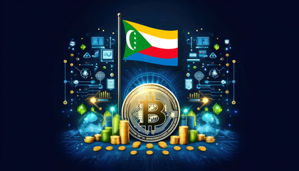 Obraz premium Bitcoin, the Comoros flag, and global elements highlight the international impact and growing significance of cryptocurrency