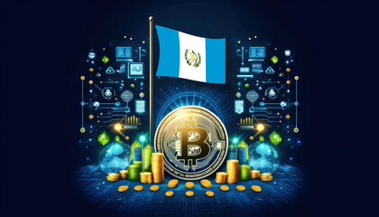 Fototapeta premium Bitcoin, the Guatemala flag, and global elements highlight the international impact and growing significance of cryptocurrency