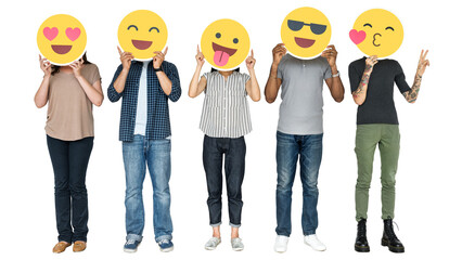 Naklejka premium Png people holding emoji clipart, transparent background