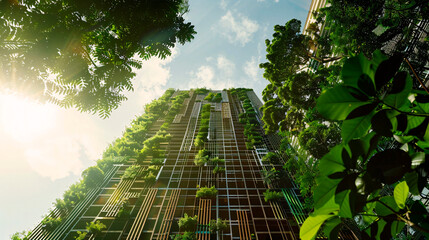 Fototapeta premium A striking vertical forest skyscraper enriched with dense, lush vegetation on its balconies, representing urban greening and sustainable city living for the future.