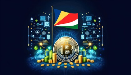 Bitcoin, the Seychelles flag, and global elements highlight the international impact and growing significance of cryptocurrency
