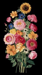 Fototapeta premium Beautiful bunch of colorful flowers on black background in vintage style festive flowers concept