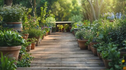 A neatly arranged garden with potted plants and a wooden table, creating a peaceful retreat