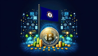 Obraz premium Bitcoin, the Kentucky flag, and global elements highlight the international impact and growing significance of cryptocurrency